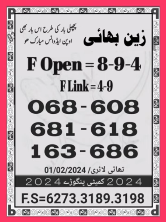 Zain Bhai Thai Lottery Guess Paper 01/01/2024