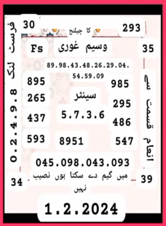 Wasim Ghori Inam Qismat ka Khel First Link Thai Guess Paper 01/02/2024