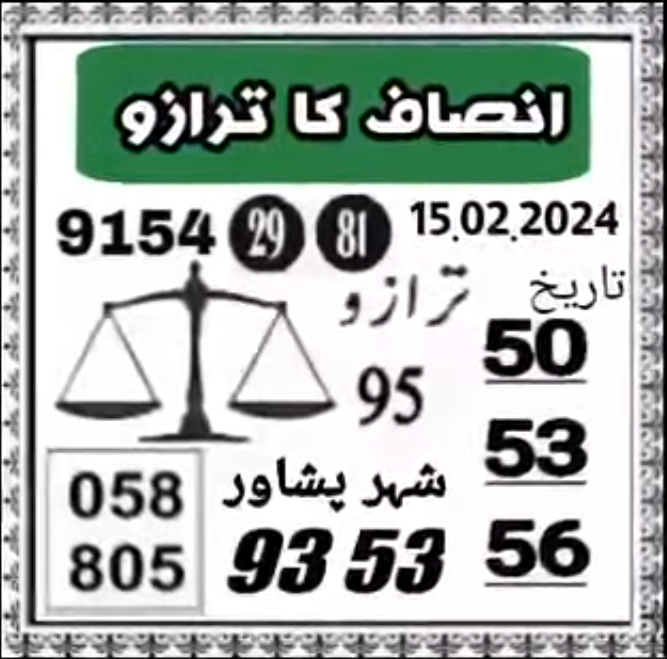 Insaaf Ka Tarazu 750 Prize Bond Guess Paper Peshawar 15/02/2024